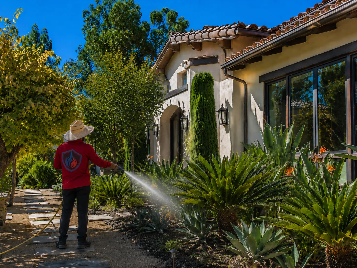 Ember Pro technician spraying retardant around a California home